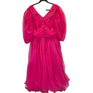 Wayward Fancies Women Midi Dress Pink Tulle Puff Sleeve Ruched Button Front